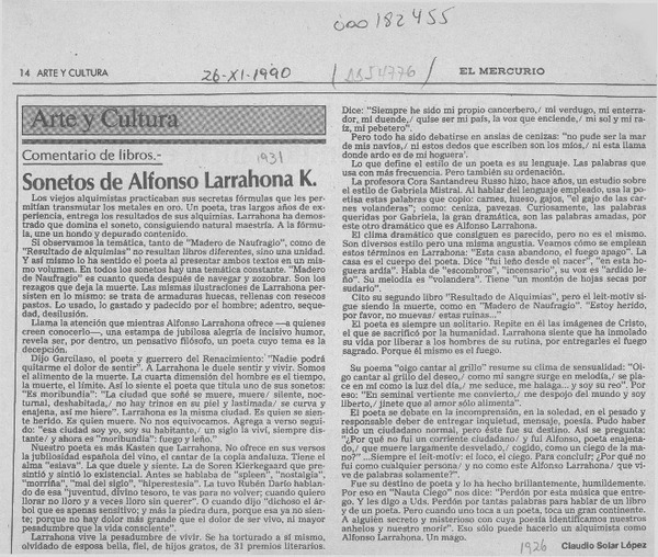 Sonetos de Alfonso Larrahona K.  [artículo] Claudio Solar López.