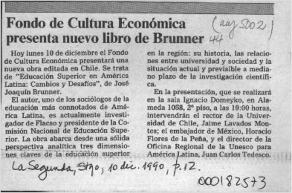 Fondo de Cultura Económica presenta nuevo libro de Brunner  [artículo].