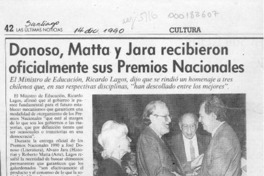 Donoso, Matta y Jara recibieron oficialmente sus Premios Nacionales  [artículo].