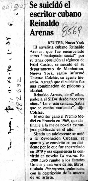 Se suicidó el escritor cubano Reinaldo Arenas  [artículo].