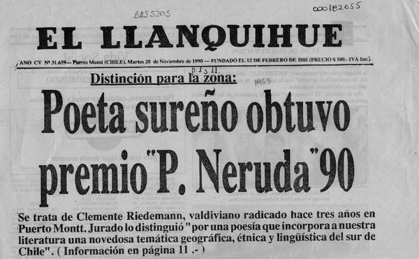 Poeta sureño obtuvo premio "P. Neruda" 90  [artículo].
