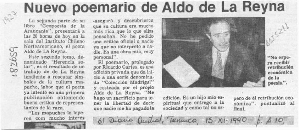 Nuevo poemario de Aldo de la Reyna  [artículo].