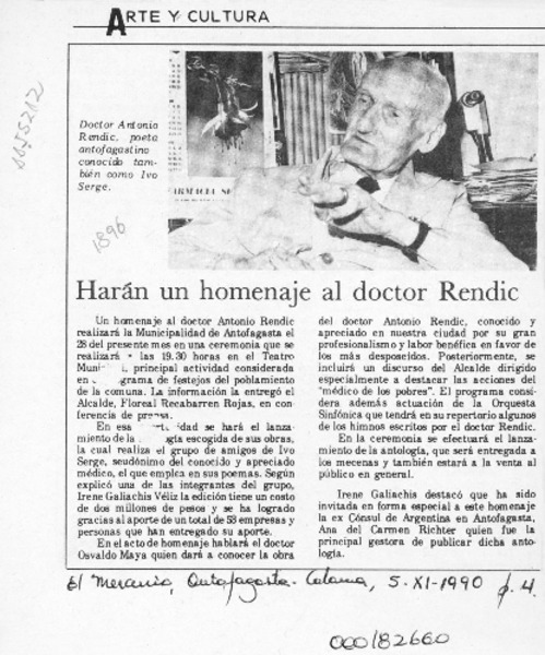 Harán un homenaje al doctor Rendic  [artículo].