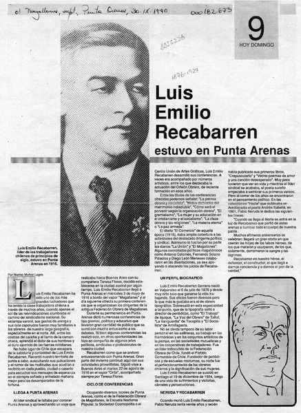 Luis Emilio Recabarren estuvo en Punta Arenas  [artículo] Marino Muñoz Lagos.