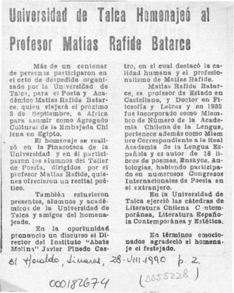 Universidad de Talca homenajeó al profesor Matías Rafide Batarce  [artículo].