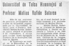 Universidad de Talca homenajeó al profesor Matías Rafide Batarce  [artículo].