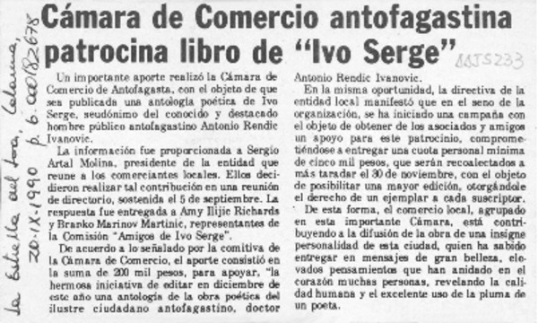 Cámara de comercio antofagastina patrocina libro de "Ivo Serge"  [artículo].