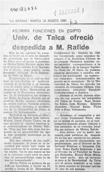 Univ. de Talca ofreció despedida a M. Rafide  [artículo].