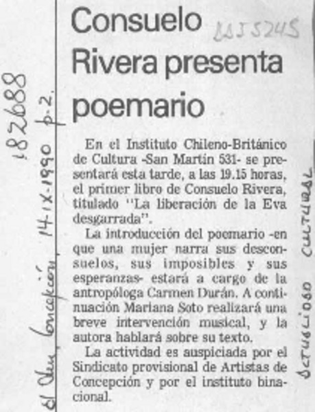 Consuelo Rivera presenta poemario  [artículo].