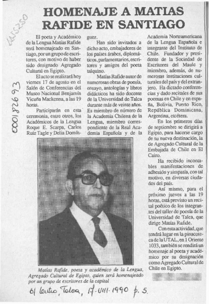 Homenaje a Matías Rafide en Santiago  [artículo].