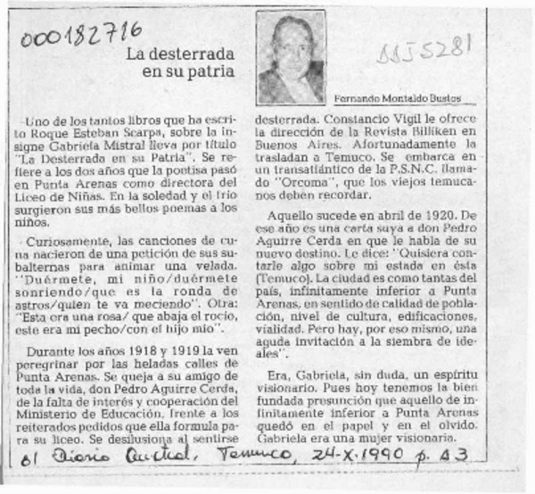 La desterrada en su patria  [artículo] Fernando Montaldo Bustos.