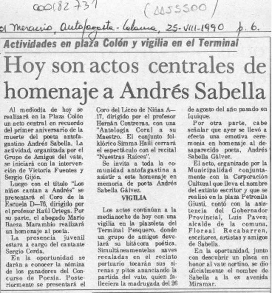 Hoy son actos centrales de homenaje a Andrés Sabella  [artículo].