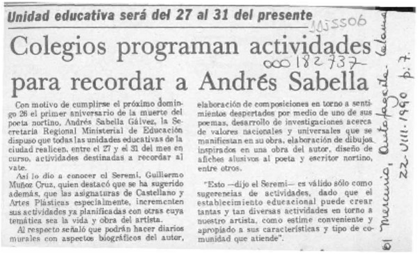 Colegios programan actividades para recordar a Andrés Sabella  [artículo].