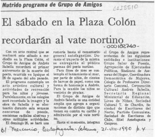 El Sábado en la Plaza Colón recordarán al vate nortino  [artículo].