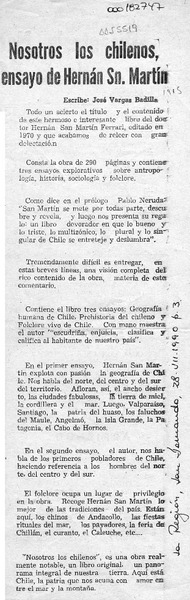 Nosotros los chilenos, ensayo de Hernán Sn. Martín  [artículo] José Vargas Badilla.