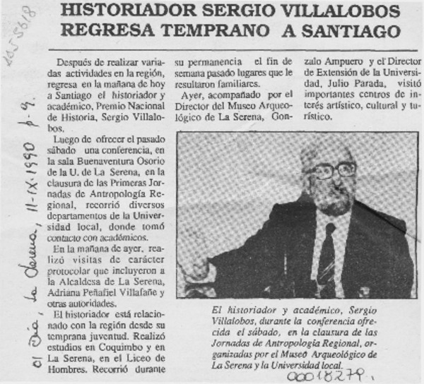 Historiador Sergio Villalobos regresa temprano a Santiago