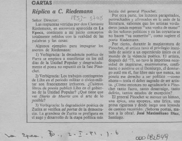 Réplica a C. Riedemann  [artículo] José Maximiliano Díaz.