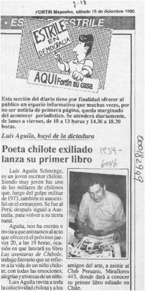 Poeta chilote exiliado lanza su primer libro  [artículo].
