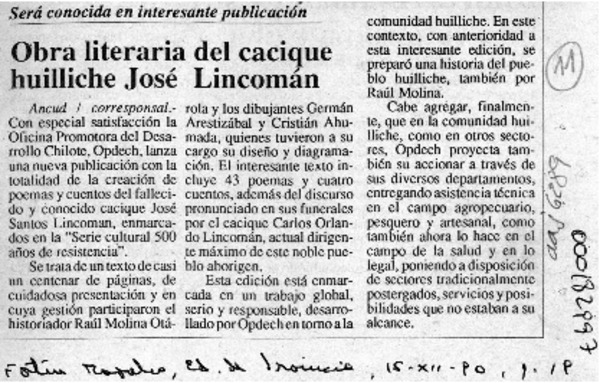 Obra literaria del cacique huilliche José Lincomán  [artículo].