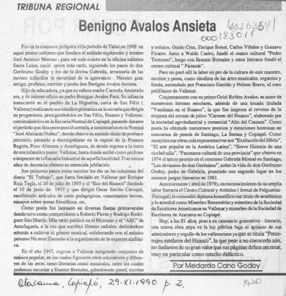 Benigno Avalos Ansieta  [artículo] Medardo Cano Godoy.