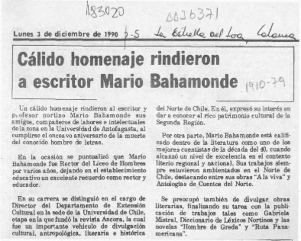 Cálido homenaje rindieron a escritor Mario Bahamonde  [artículo].