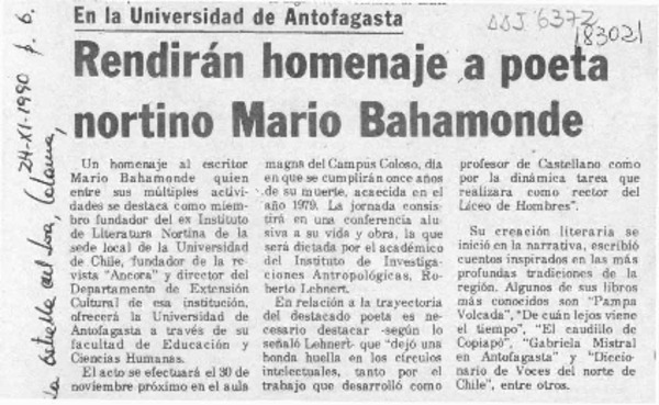 Rendirán homenaje a poeta nortino Mario Bahamonde  [artículo].