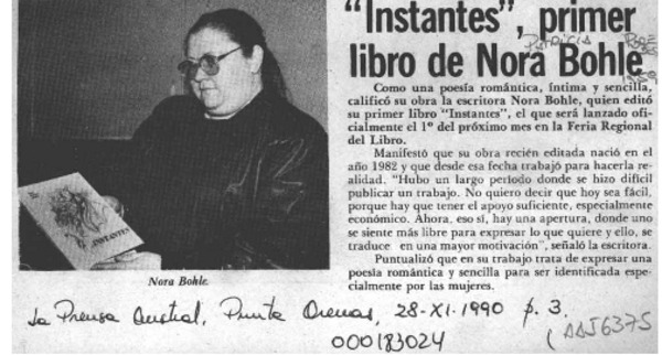 "Instantes", primer libro de Nora Bohle  [artículo].