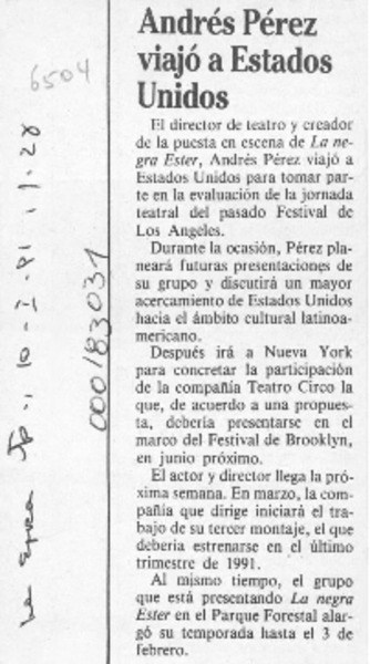 Andrés Pérez viajó a Estados Unidos  [artículo].