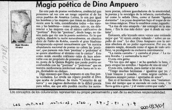 Magia poética de Dina Ampuero  [artículo] Raúl Morales Alvarez.