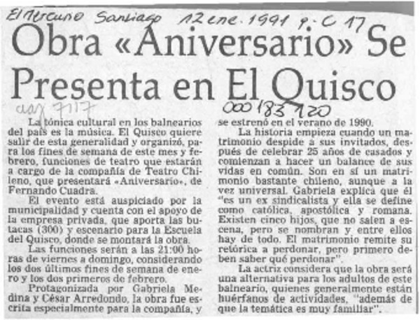 Obra "Aniversario" se presenta en El Quisco  [artículo].