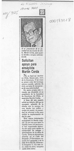 Solicitan apoyo para ensayista Martín Cerda  [artículo].