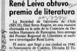 René Leiva obtuvo premio de literatura  [artículo].