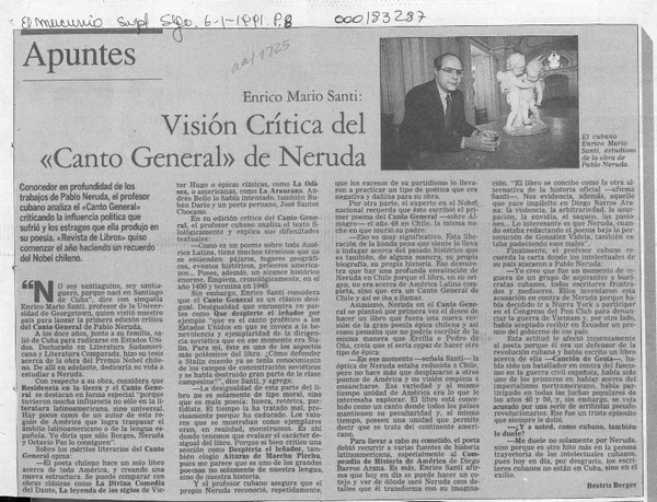 Visión crítica del "Canto general" de Neruda  [artículo] Beatriz Berger.