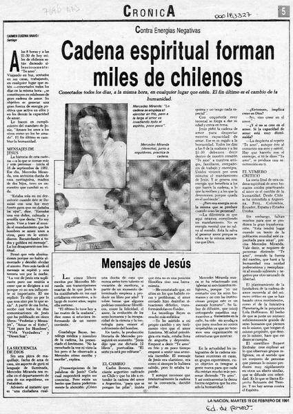 Cadena espiritual forman miles de chilenos  [artículo] Carmen Eugenia Bravo.