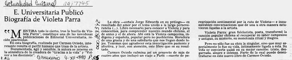 E. Universitaria publicó biografía de Violeta Parra  [artículo].