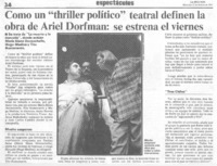 Como un "thriller político" teatral definen la obra de Ariel Dorfman, se estrena el viernes