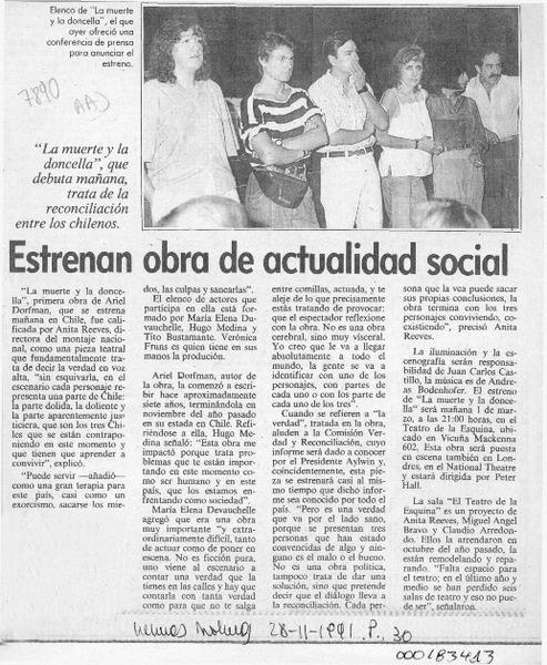 Estrenan obra de actualidad social  [artículo].