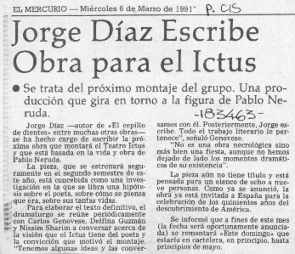 Jorge Díaz escribe obra para el Ictus  [artículo].