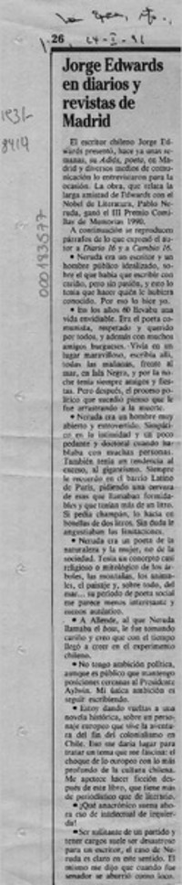 Jorge Edwards en diarios y revistas de Madrid  [artículo].