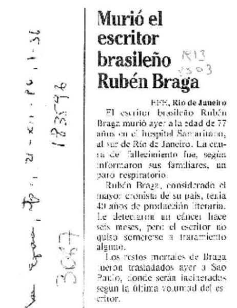 Murió el escritor brasileño Rubén Braga  [artículo].