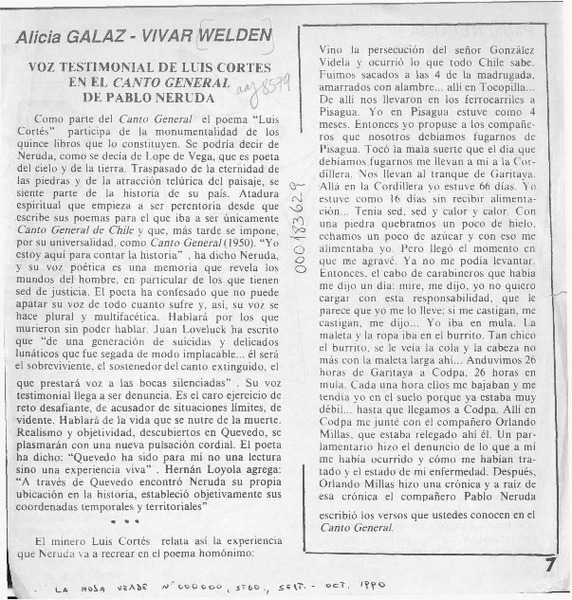 Voz testimonial de Luis Cortés en el "Canto general" de Pablo Neruda  [artículo] Alicia Galaz-Vivar Welden.
