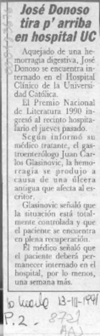 José Donoso tira p' arriba en hospital UC  [artículo].