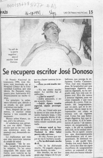 Se recupera escritor José Donoso  [artículo].