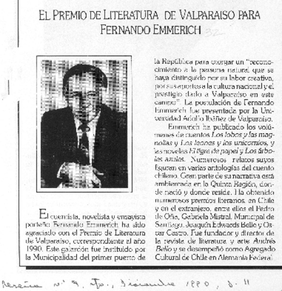 El Premio de Literatura de Valparaíso para Fernando Emmerich
