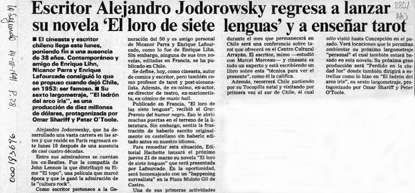 Escritor Alejandro Jodorowsky regresa a lanzar su novela "El Loro de siete lenguas" y a enseñar tarot  [artículo].