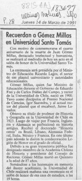 Recuerdan a Gómez Millas en Universidad Santo Tomás  [artículo].