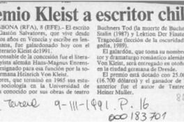 Premio Kleist a escritor chileno  [artículo].