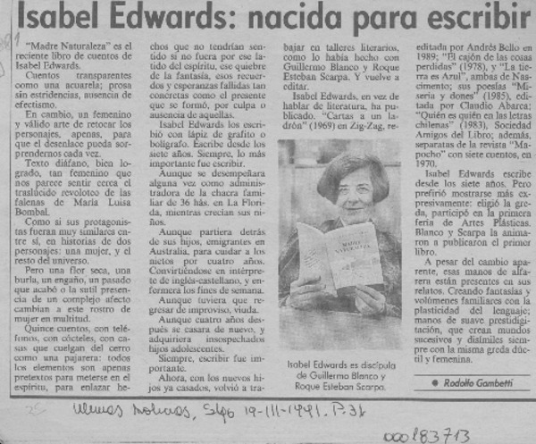 Isabel Edwards, nacida para escribir  [artículo] Rodolfo Gambetti.