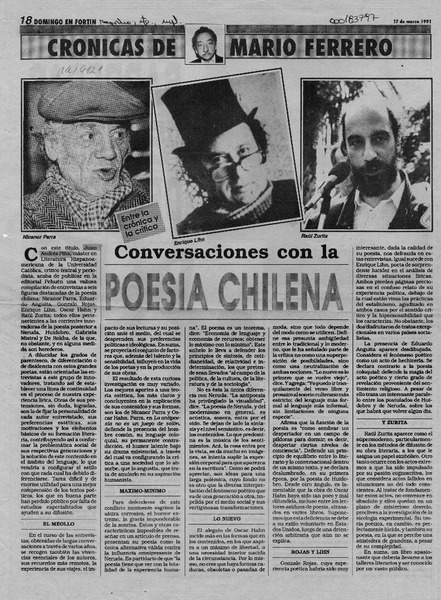 Conversaciones con la poesía chilena  [artículo] Mario Ferrero.