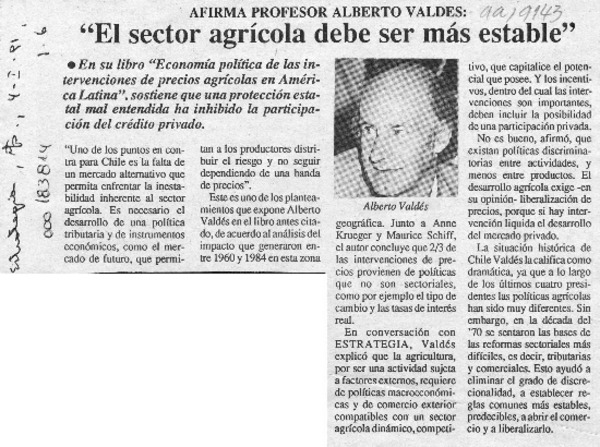 "El Sector agrícola debe ser más estable"  [artículo].